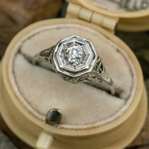 Art Deco Filigree Old Mine Cut Diamond Engagement Ring .28ct J/SI2