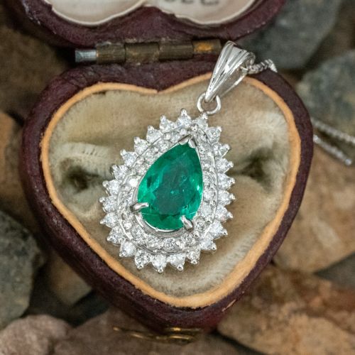 Pear Cut Emerald Pendant Necklace w/ Diamond Halo Platinum