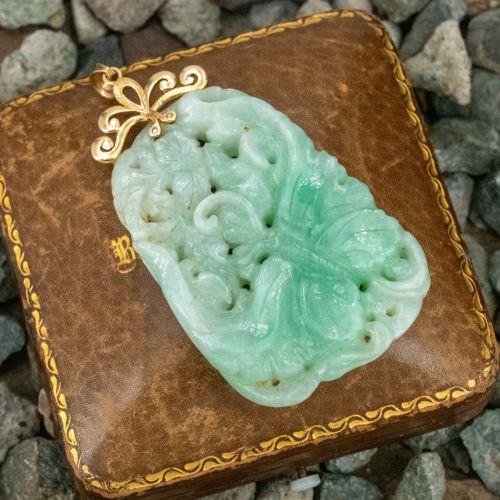 Large Carved Jade Pendant 14K Yellow Gold