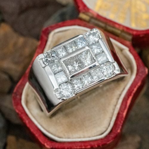 Men's Square Face Diamond Ring 14K White Gold