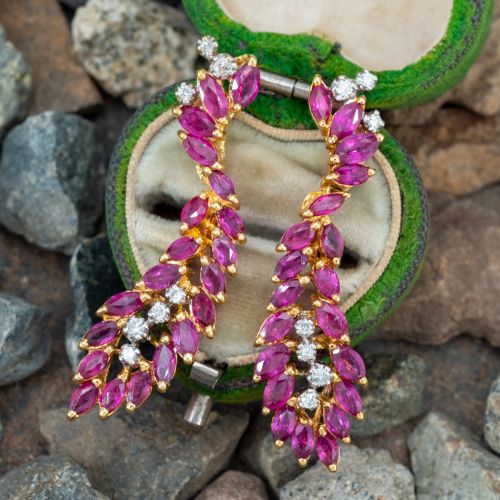 Ruby & Diamond Dangle Earrings 18K Yellow Gold