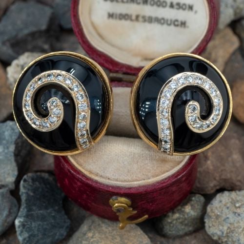 Onyx & Diamond Clip-On Earrings 18K Yellow Gold