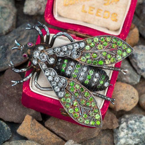 Demantoid Garnet, Diamond & Ruby Insect Brooch Pin 