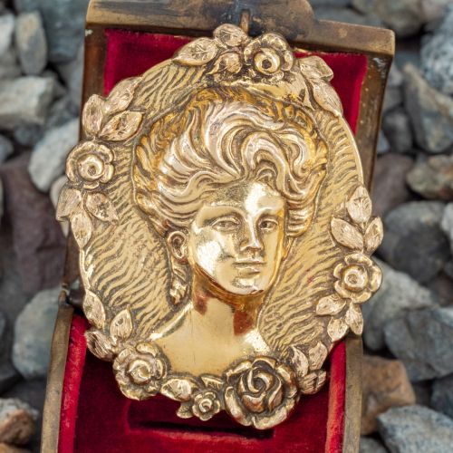 Large Floral Lady's Bust Pendant Brooch 14K Yellow Gold