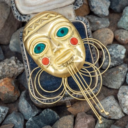 Kinetic Brushed Gold Mask Pendant Brooch 18K Yellow Gold