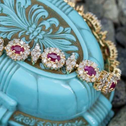 Magnificent Oval Ruby & Diamond Bracelet 14K Yellow Gold 