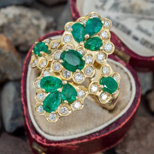 Gorgeous Emerald & Diamond Cocktail Ring 14K Yellow Gold