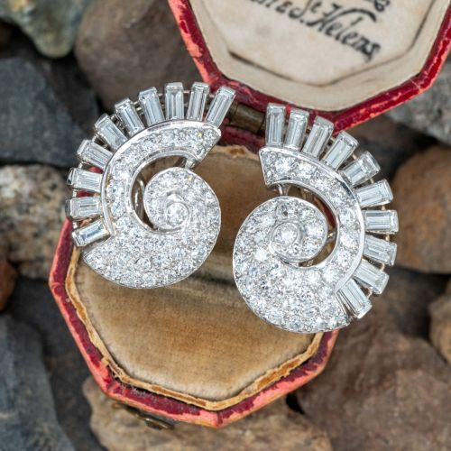 Vintage Diamond Shell Motif Earrings Platinum & 14K White Gold