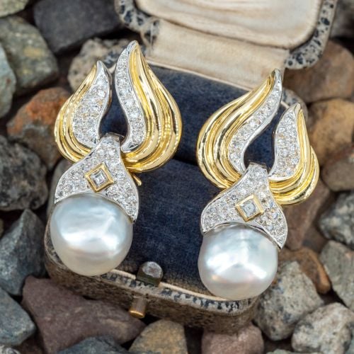 Fantastic South Seas Pearl & Diamond Earrings 18K 2-Tone Gold