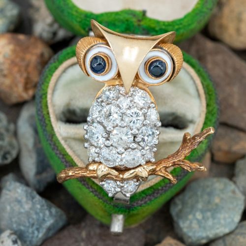 Vintage Enameled Diamond & Sapphire Owl Brooch Pin 14K/18K Gold