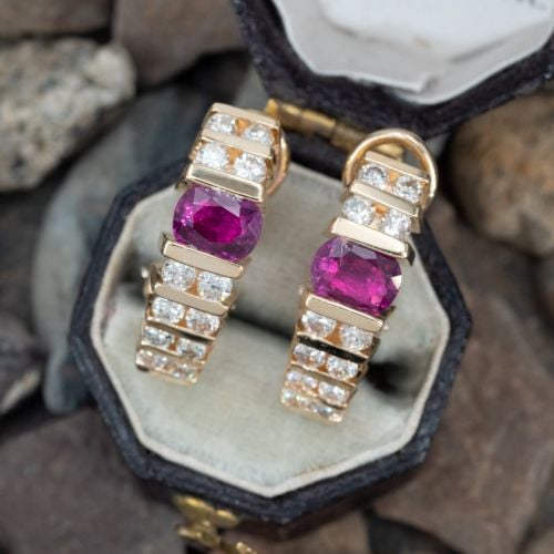 Lovely Ruby & Diamond Earrings 14K Yellow Gold