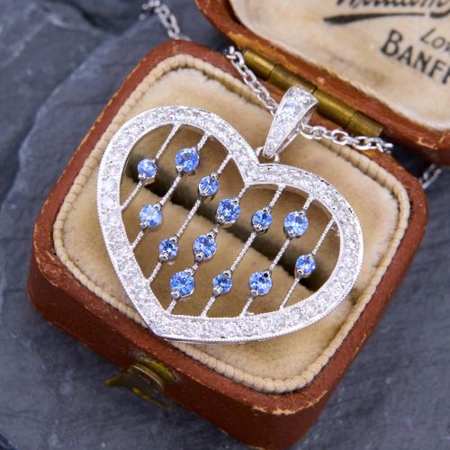 Lovely Sapphire & Diamond Heart Pendant Necklace 18K White Gold w/14k Chain
