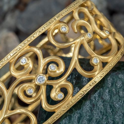 Stunning Diamond Filigree Curl Bangle Bracelet 18K Yellow Gold