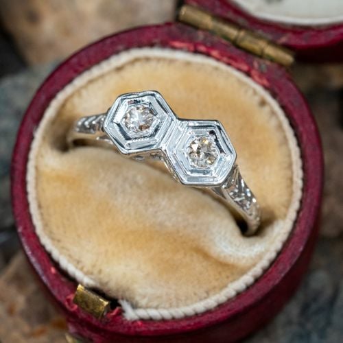Art Deco Toi Et Moi Diamond Ring 14K White Gold 