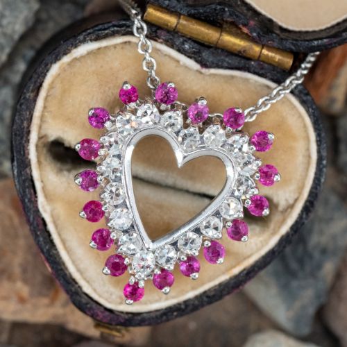 Lovely Diamond & Ruby Heart Necklace 14K/18K White Gold