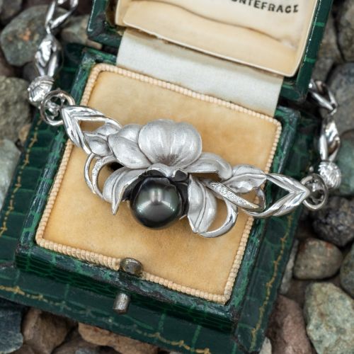 Floral Tahitian Pearl Diamond Necklace 18K White Gold