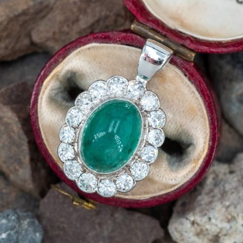 Vintage Cabochon Emerald Diamond Halo Pendant Platinum