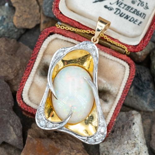 Stunning Freeform Opal Pendant Necklace 18K Yellow & White Gold