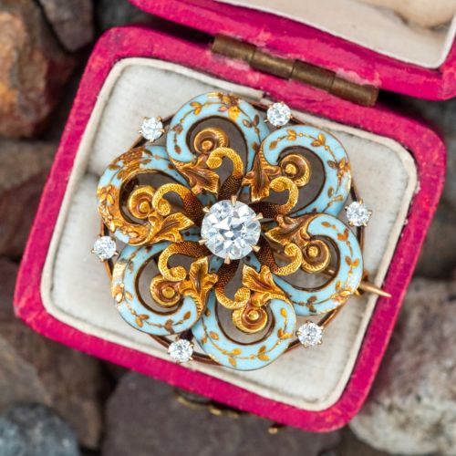 Beautiful Late-Victorian Enameled Diamond Brooch Pin 14K Yellow Gold