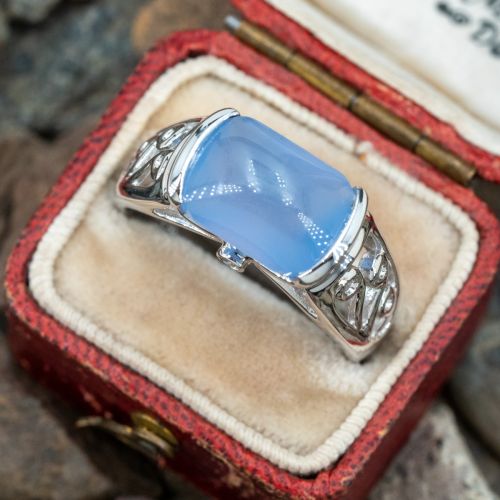 Blue Bufftop Chalcedony Quartz Ring w/ Diamonds 18K White Gold