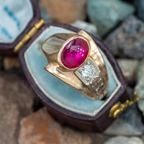 Mens Vintage Oval Lab Created Ruby Diamond Ring Yellow Gold