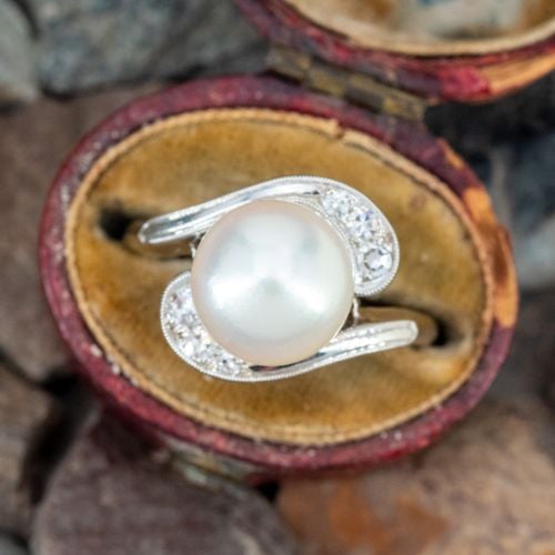Beautiful Bypass Pearl Diamond Ring 14K White Gold 