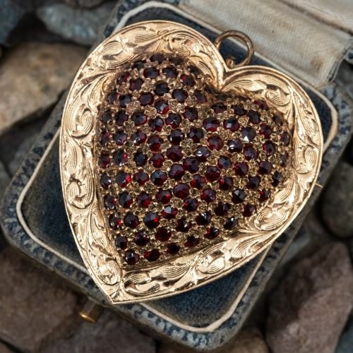 Hand Engraved Garnet Dome Heart Brooch/ Pendant 14K Yellow Gold