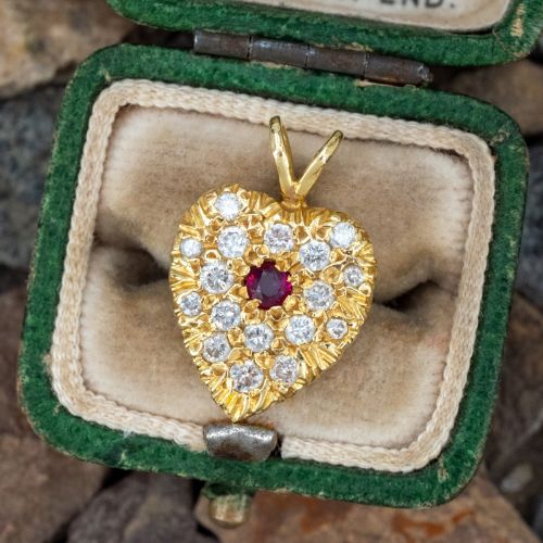 Lovely Ruby Diamond Heart Pendant 18K Yellow Gold