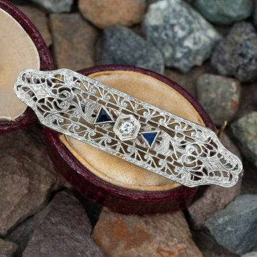 Vintage Filigree Diamond Brooch Pin White Gold