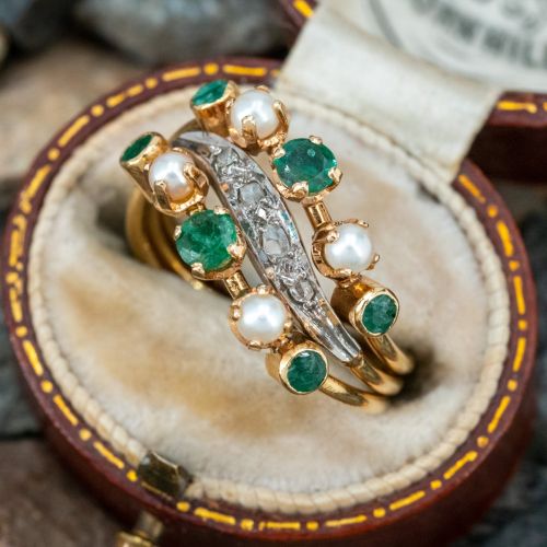 Vintage Three Band Emerald Diamond Ring 18K Yellow Gold