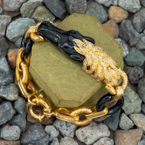 Spectacular Onyx Horse Head Diamond Bracelet 14K Yellow Gold