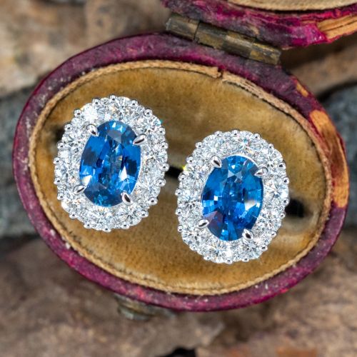 Lovely Oval Sapphire Diamond Halo Earrings 14K White Gold