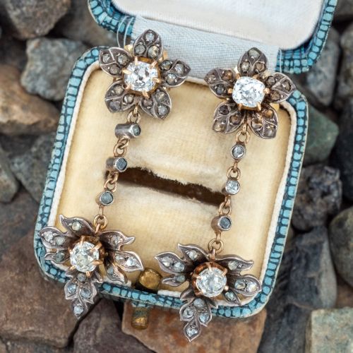 Beautiful Victorian Old Mine Diamond Dangle Earrings Sterling Silver & 14K Yellow Gold