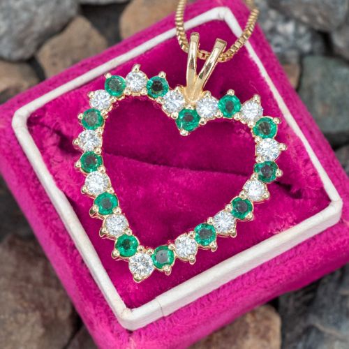 Lovely Heart Emerald & Diamond Pendant Necklace 14K Yellow Gold