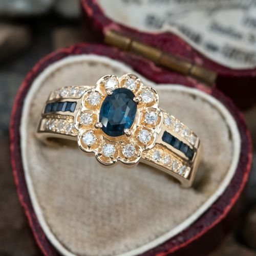 Beautiful Sapphire Diamond Halo Ring 14K Yellow Gold