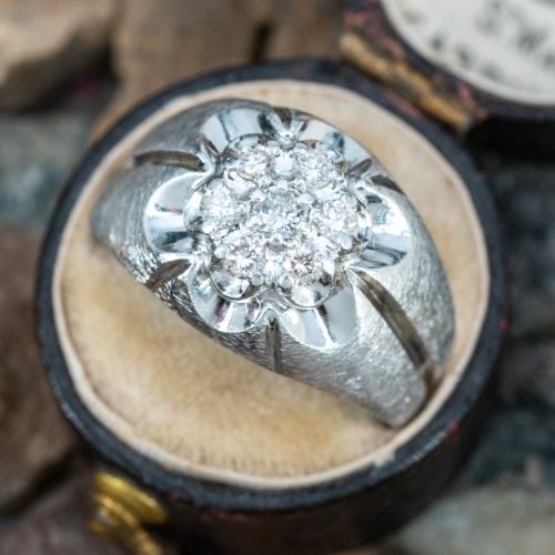 Vintage Mens Brushed Diamond Ring 14K White Gold