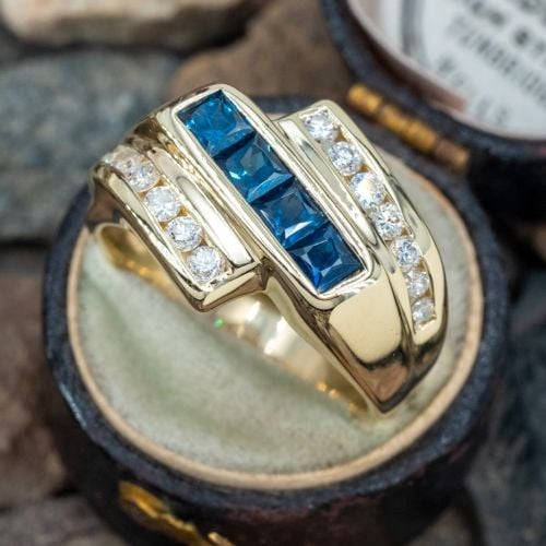 Mens Channel Set Sapphire Diamond Ring 14K Yellow Gold