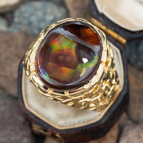 Amazing Mens Textured Fire Agate Ring 18K Yellow Gold 