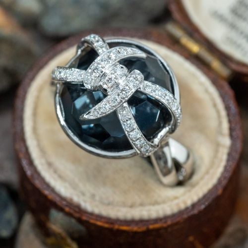 Intriguing Quartz & Diamond Cocktail Ring 18K White Gold