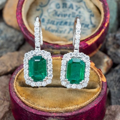 Beautiful Emerald Earrings w/ Diamond Halo 18K White Gold