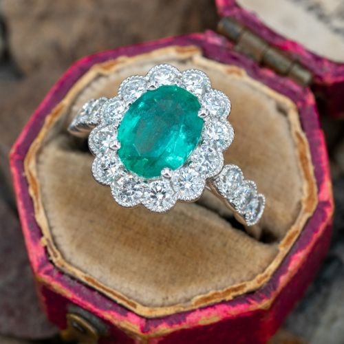 Oval Emerald Ring w/ Diamond Halo 18K White Gold 