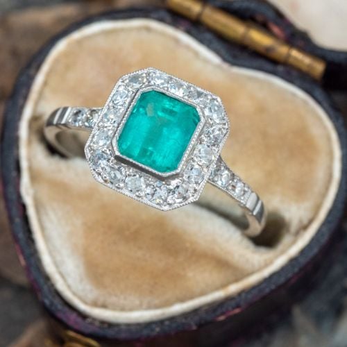 Bezel Set Emerald Ring w/ Diamond Halo Platinum