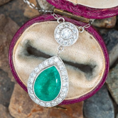 Milgrained Pear Emerald Pendant Necklace Platinum