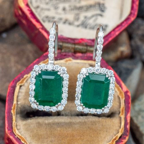 Green Emerald Drop Earrings 18K White Gold