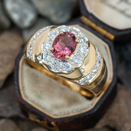 Stunning Pink Tourmaline Ring w/ Diamond Halo 18K Yellow Gold