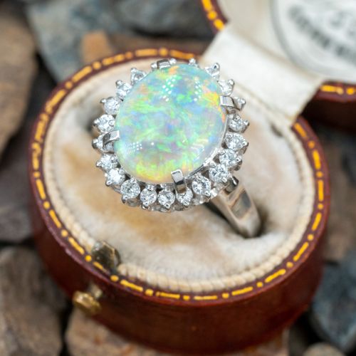 Bright Semi-Crystal Opal Ring w/ Diamond Halo Platinum