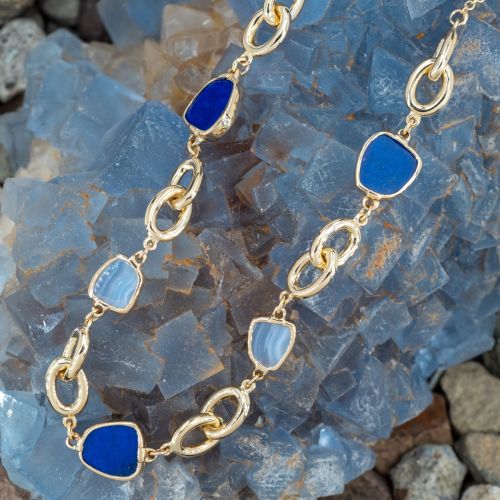 Lapis & Banded Agate Station Necklace 14K Yellow Gold