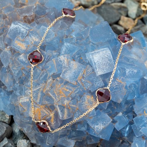 Double Faceted Garnet Clover Station Necklace 14K Yellow Gold