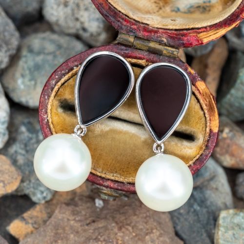 Black Onyx & Pearl Drop Earrings 14K White Gold
