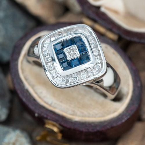 Lovely Sapphire Diamond Ring 14K White Gold